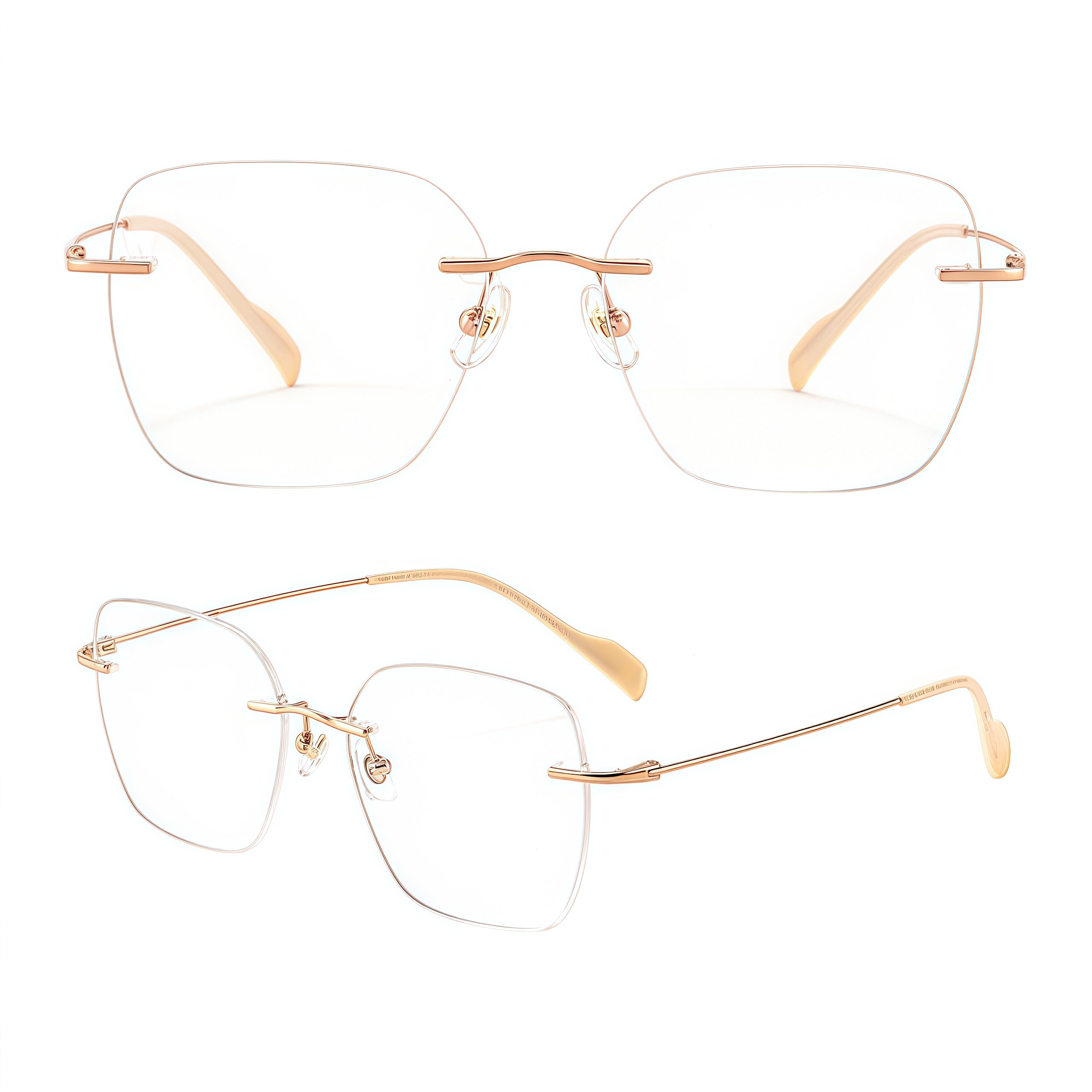 Rose Gold rimless soft-square pure titanium eyeglass frames, supplier front and angle reference