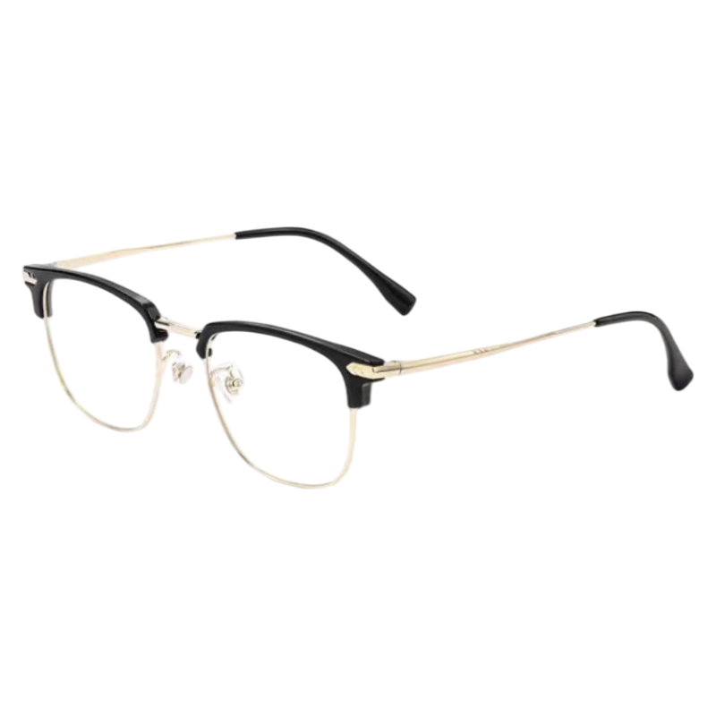 Black and Gold sophisticated square browline profile semi-rimless eyeglass frame, three-quarter product view