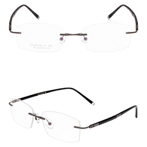 Gunmetal men's titanium rimless rectangular glasses, supplier front and three-quarter views