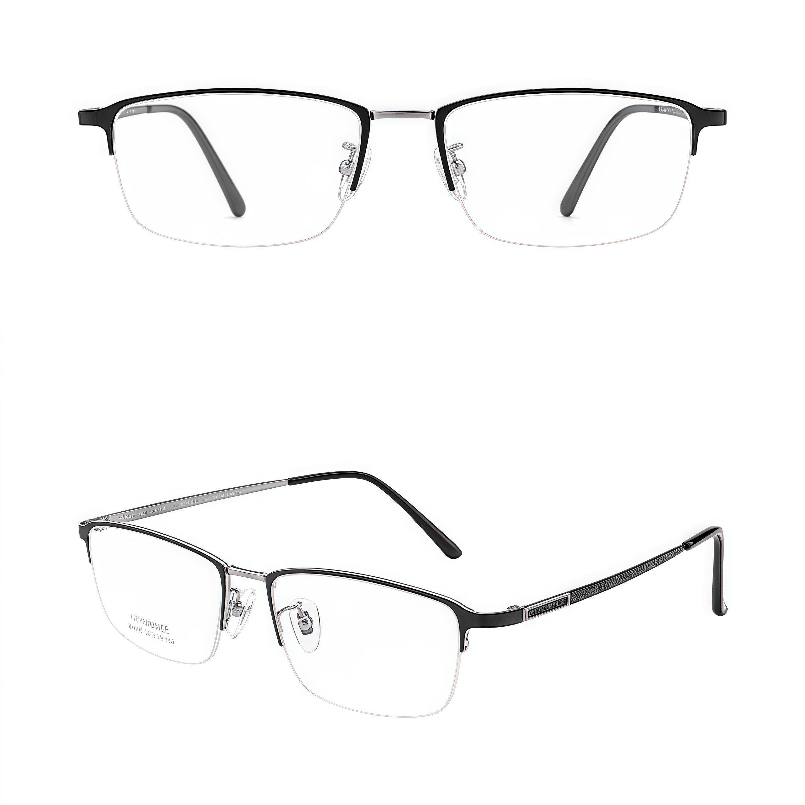 Black/Silver men's semi-titanium semi-rimless glasses, original combined front and 45-degree product views