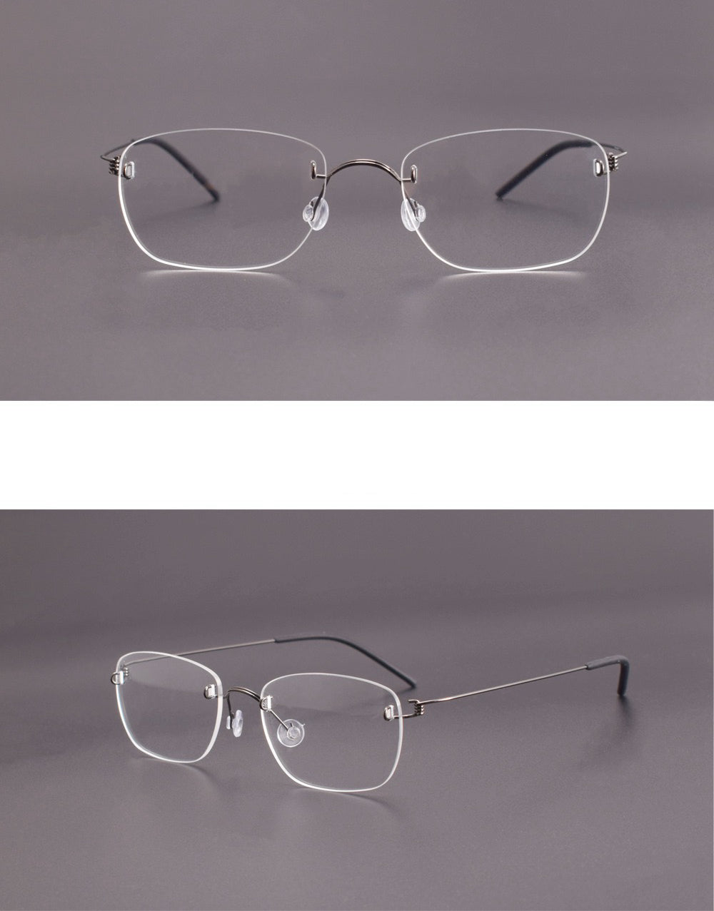 Gunmetal men's titanium rimless spring-hinge glasses, front and 45-degree composite