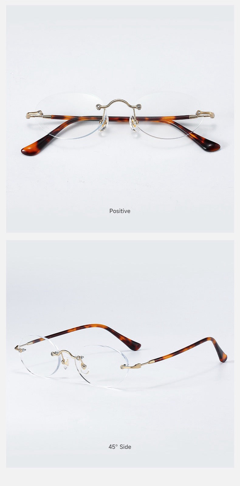 Gold/Brown unisex rectangular titanium rimless glasses, product view