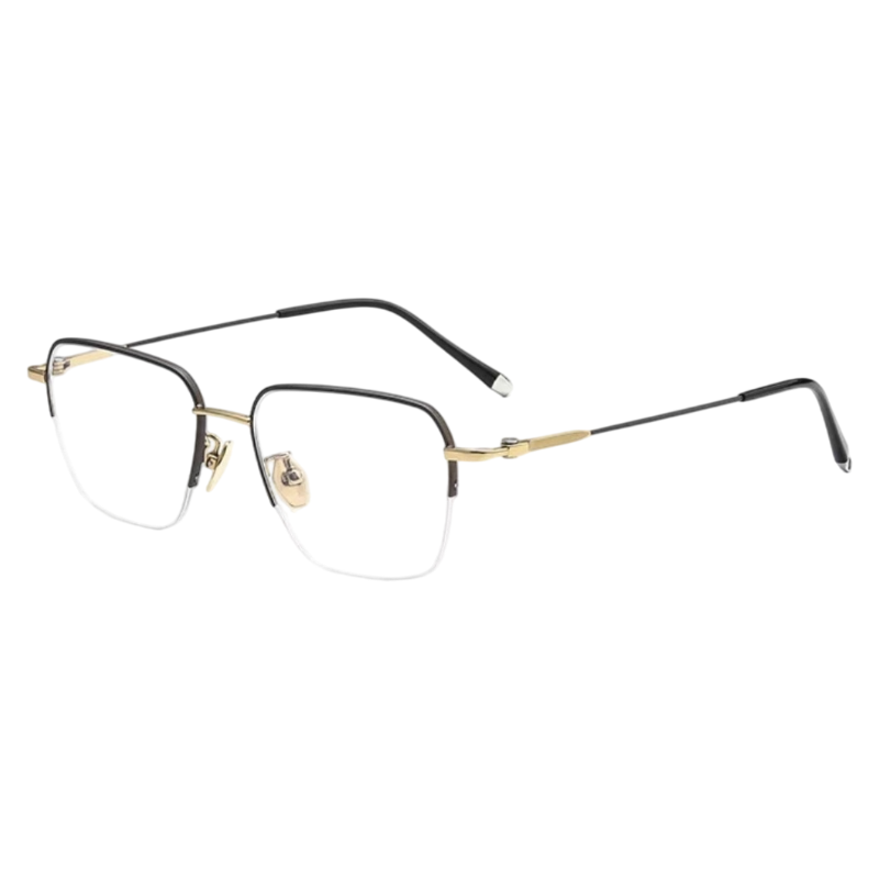 Champagne Gold and Brown minimalist rounded browline profile semi-rimless eyeglass frame, three-quarter product view