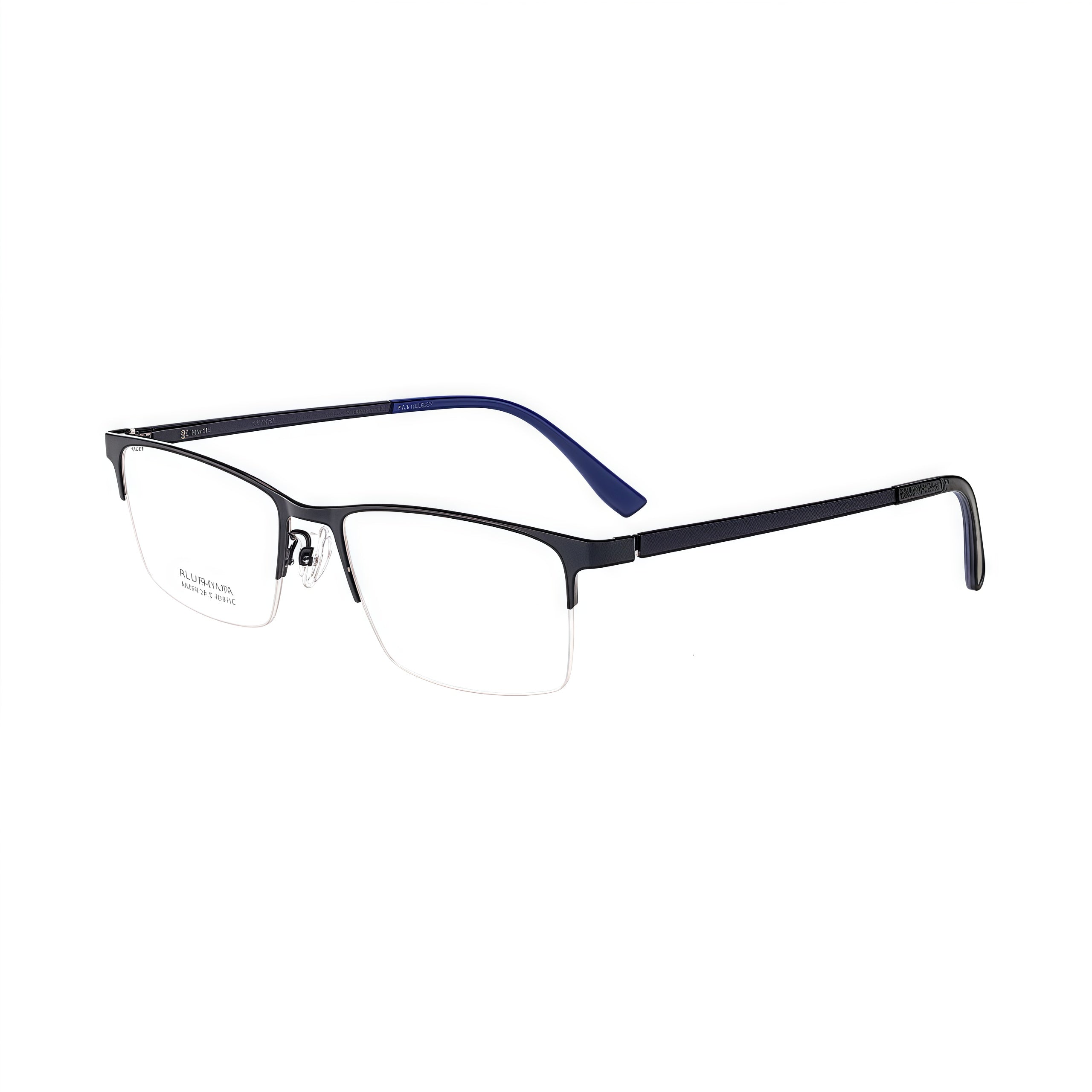 Blue semi-rimless rectangular glasses, original 45-degree reference view