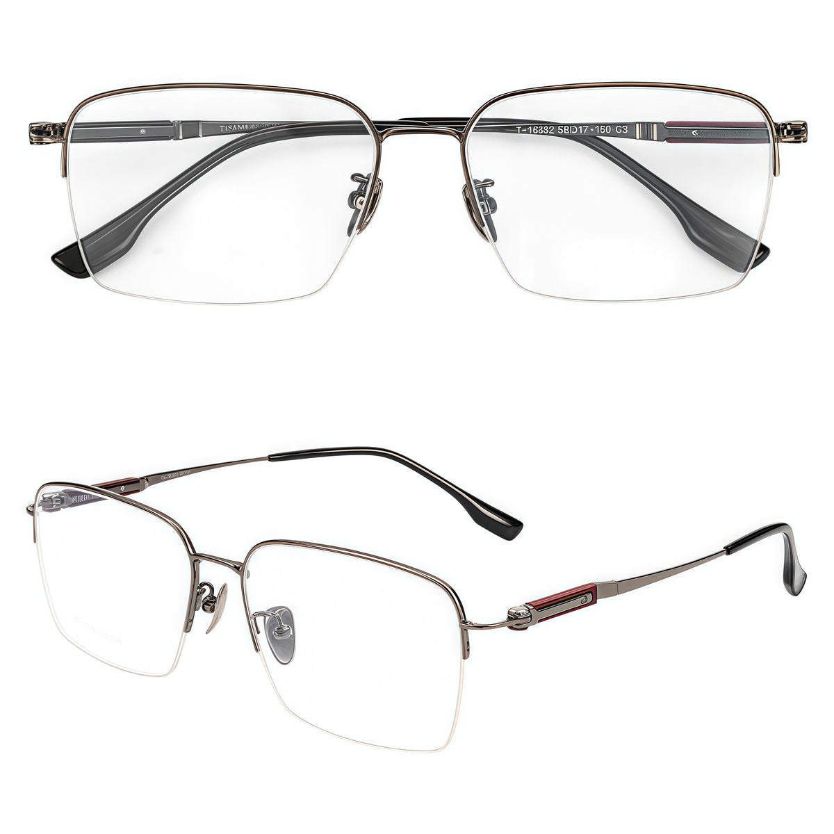 Gunmetal pure titanium semi-rimless glasses, front and 45-degree composite detail