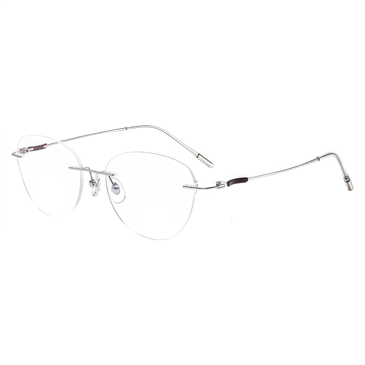 Silver and brown women's titanium rimless cat-eye glasses, 45-degree product view