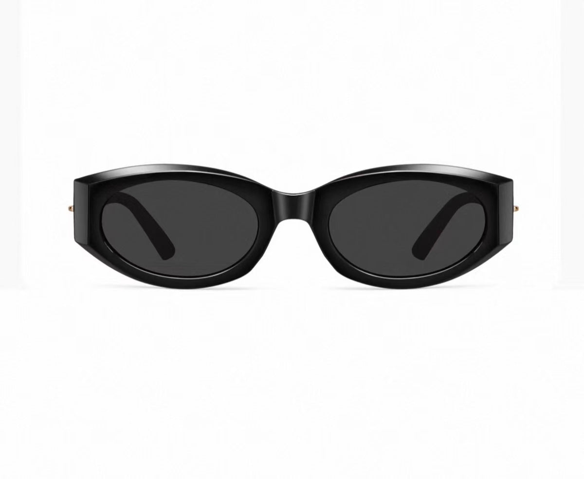 Women’s White full-rim narrow rectangle sunglasses, front and three-quarter views