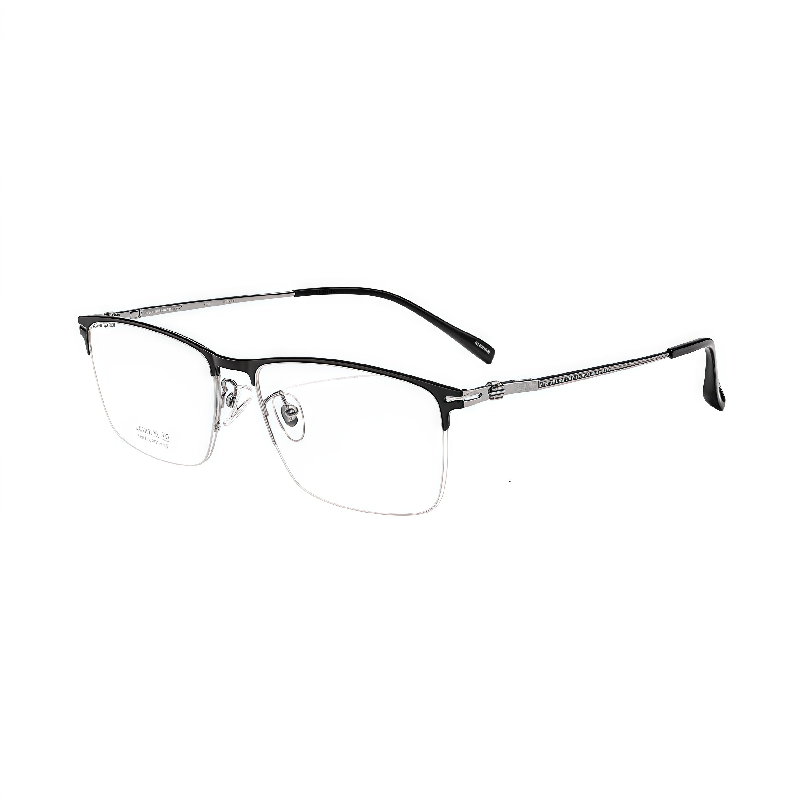 Black/Silver unisex titanium rectangular semi-rimless glasses, 45-degree product view