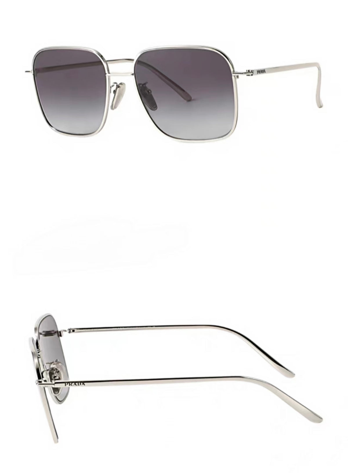 Silver 45-degree and side product views of Prada Luxury Unisex Metal Oversized Square Sunglasses