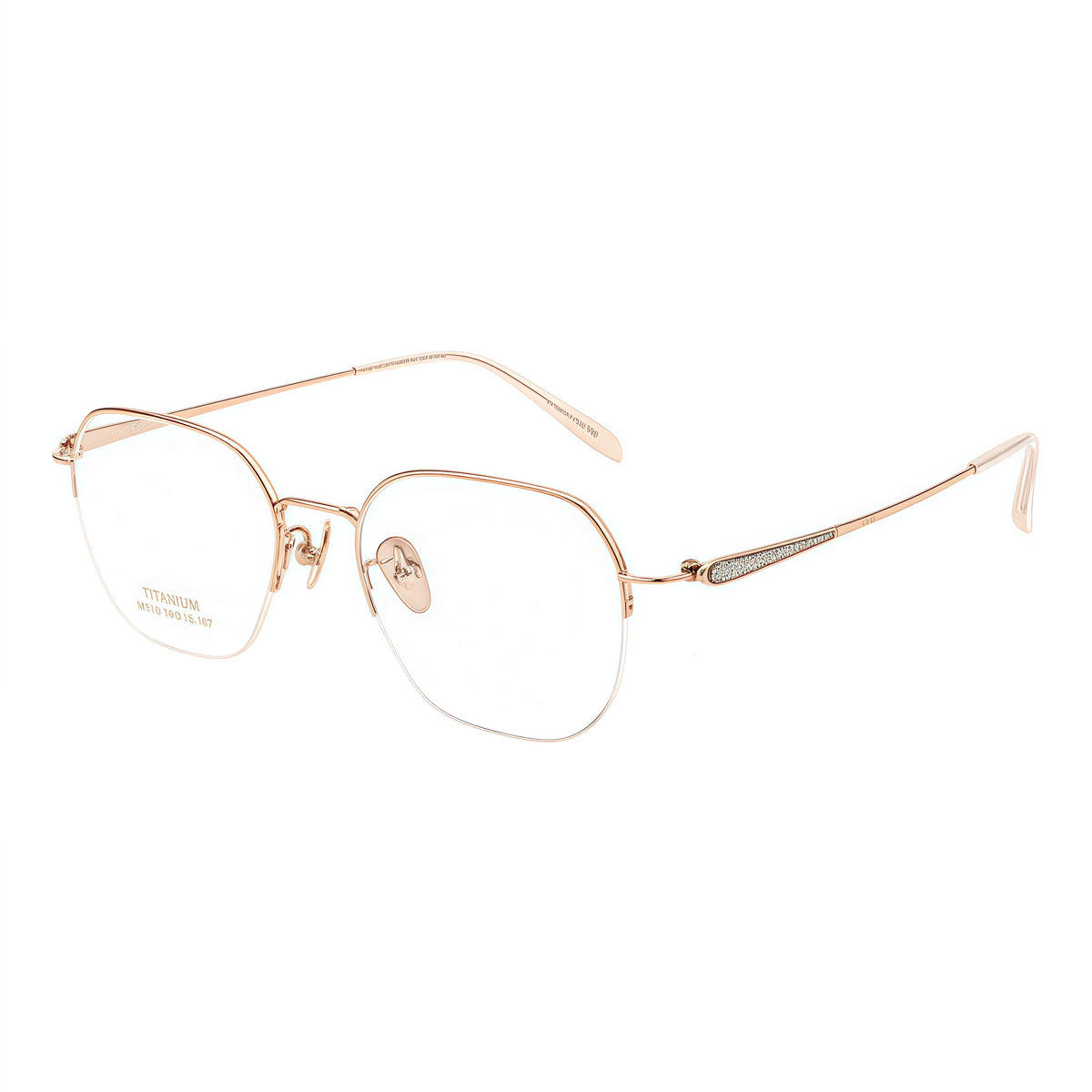 Rose Gold women's modern pure titanium semi-rimless glasses, 45-degree product view