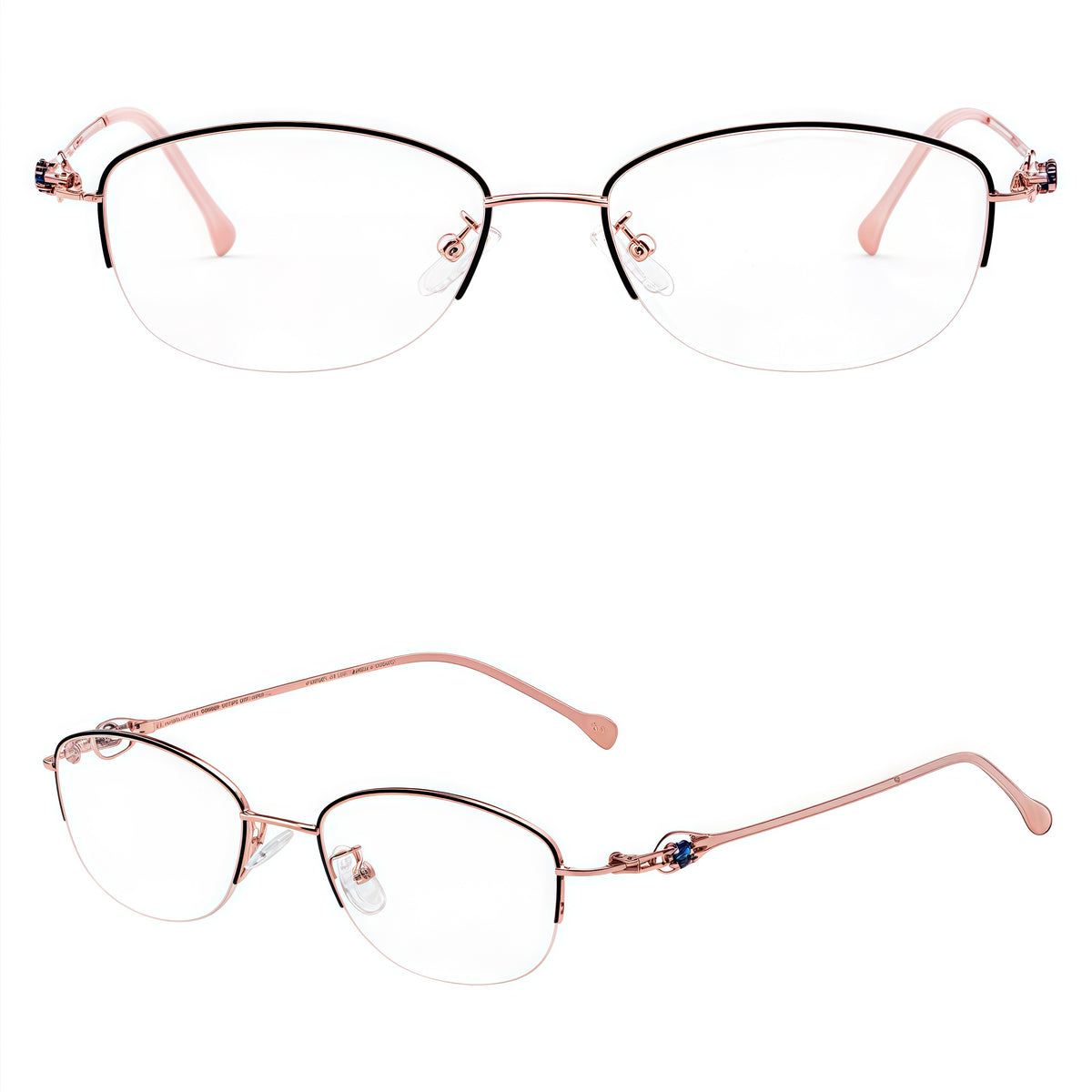 Black/Gold alloy semi-rimless glasses, front and 45-degree composite detail