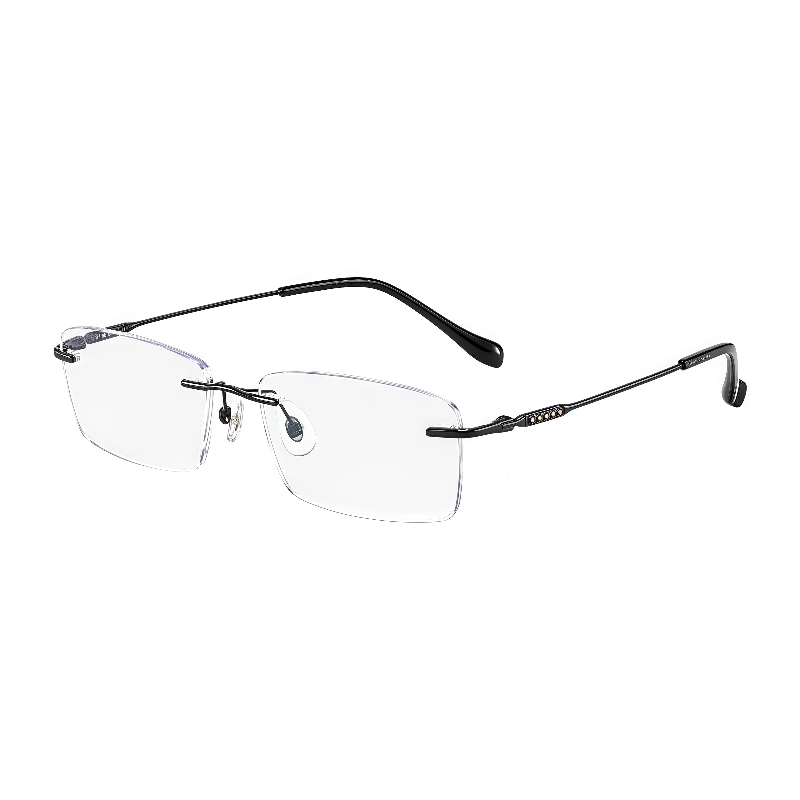 Black unisex pure titanium rimless slim rectangular eyeglass frames, product view
