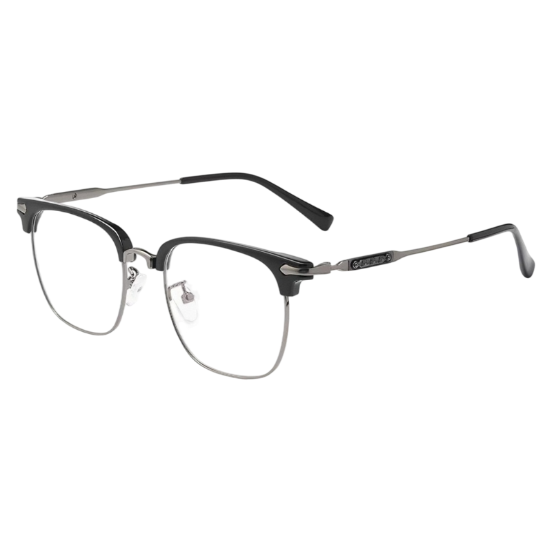 Black/Gunmetal round semi-rimless eyeglass frame, product view
