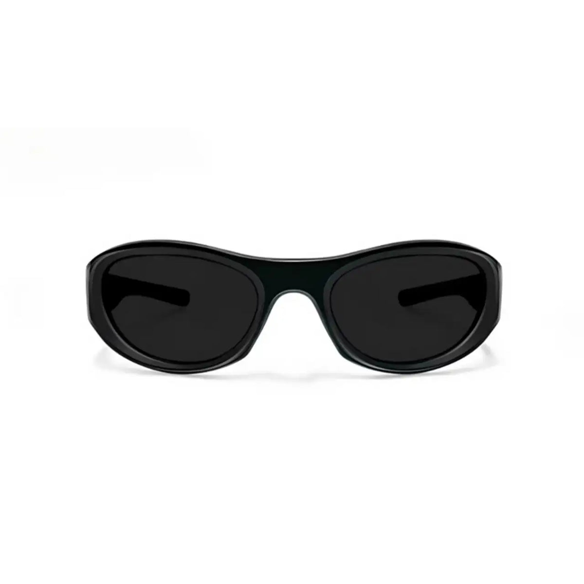 Women’s Black full-rim wraparound shield sunglasses, straight-on product view