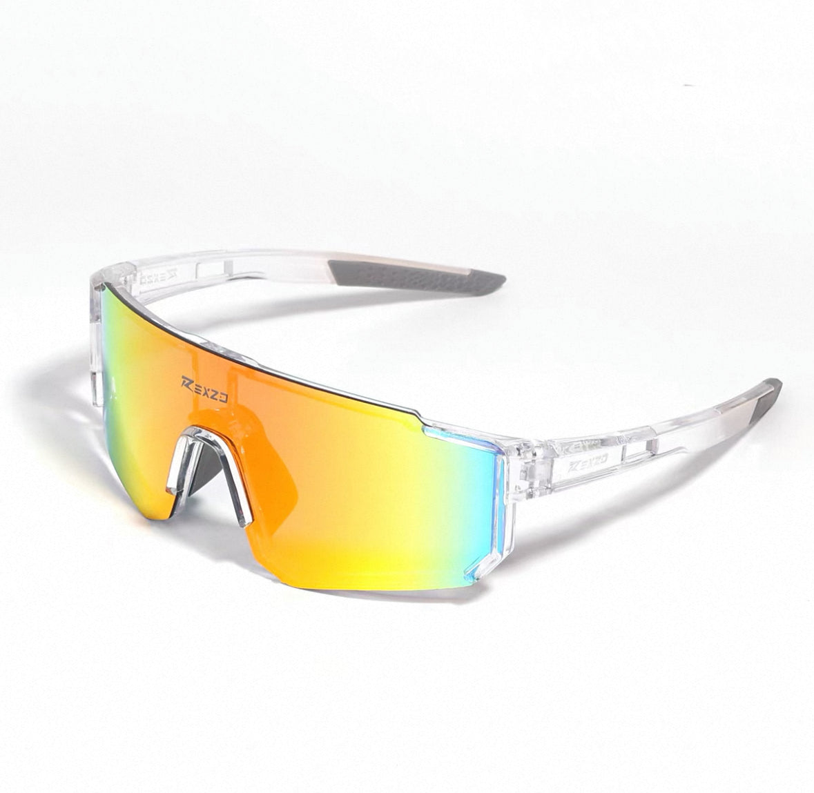 Crystal Clear Frame/Red Mirror Lens front and 45-degree product views of Wraparound Windproof Dustproof Sports Sunglasses