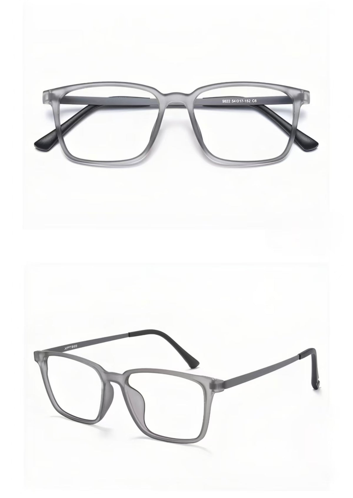 Gray ultra-light pure titanium full-rim glasses, front and 45-degree composite detail view