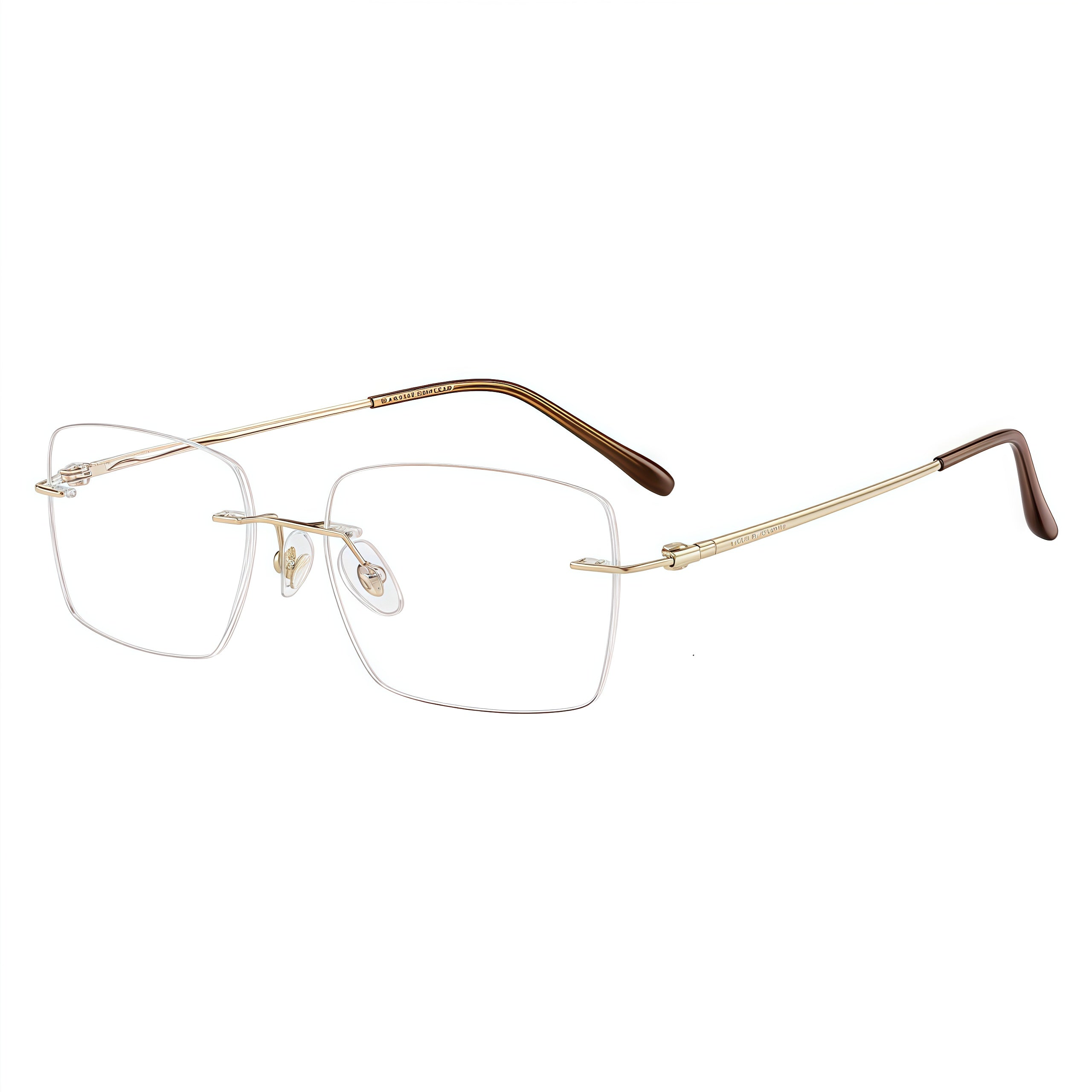 Gold men's pure titanium rounded-rectangle rimless eyeglass frames, product views