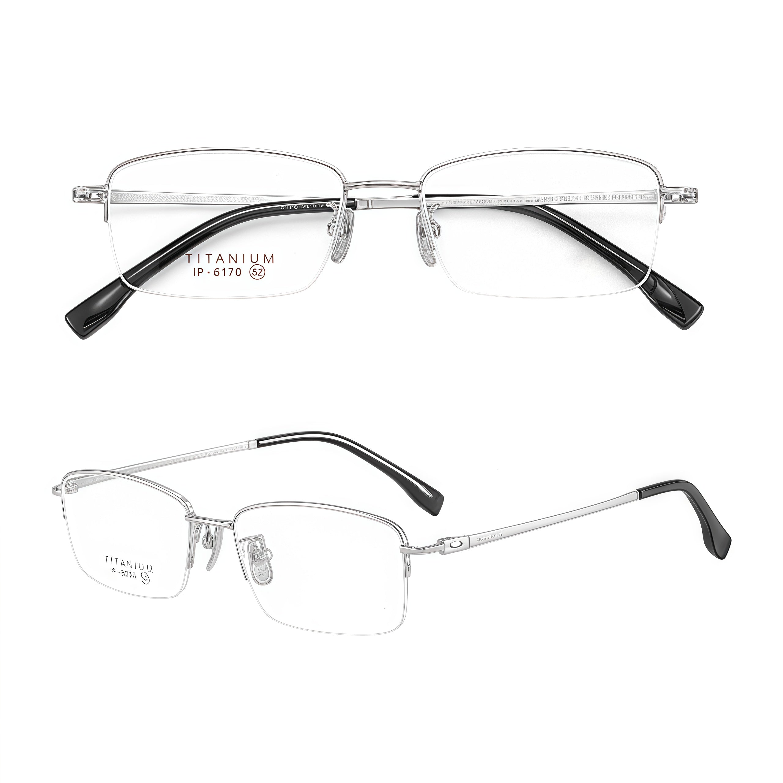 Silver unisex professional titanium semi-rimless glasses, original front and 45-degree composite