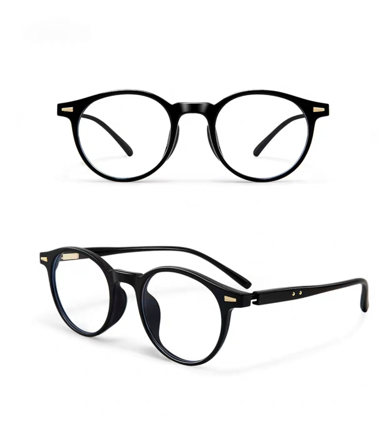 Glossy Black small round full-rim eyeglass frame, product view