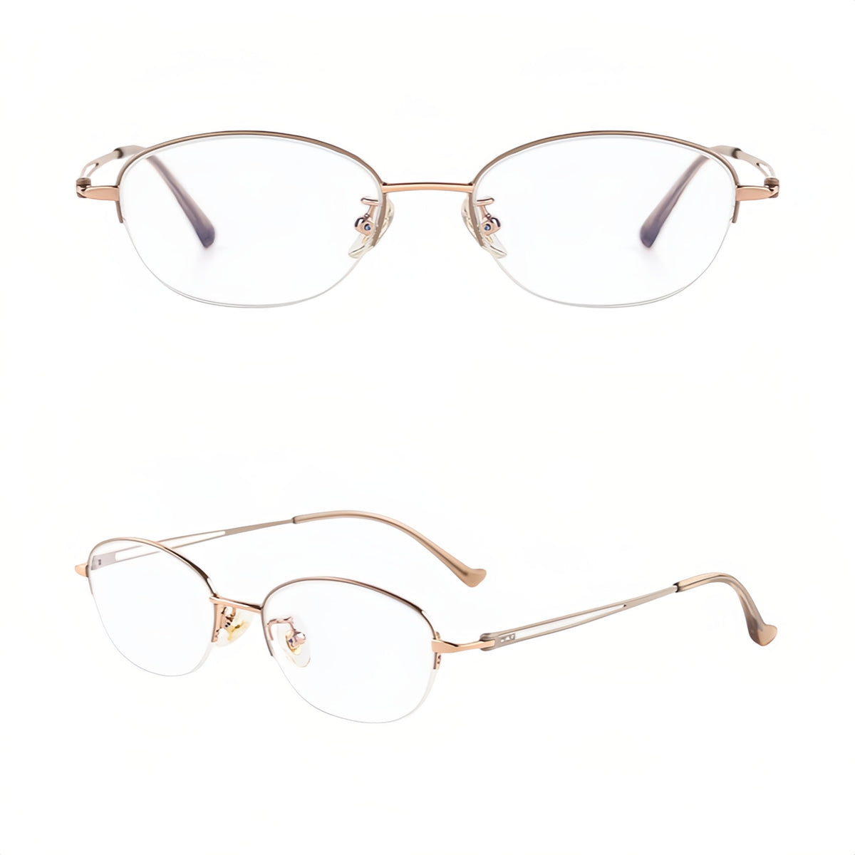 Grey and Rose Gold artistic semi-rimless glasses, original front and 45-degree views