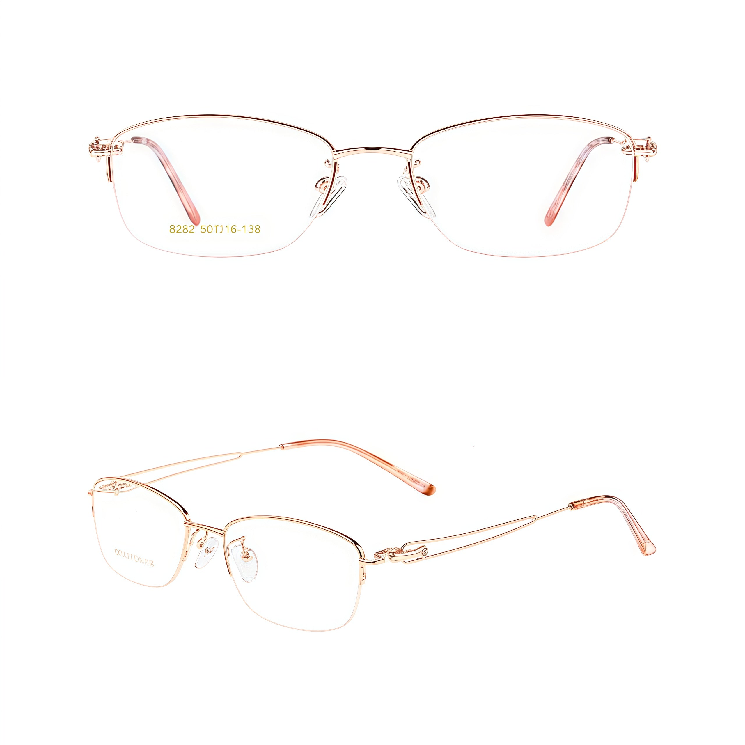 Rose Gold elegant alloy semi-rimless glasses, original front and 45-degree product views