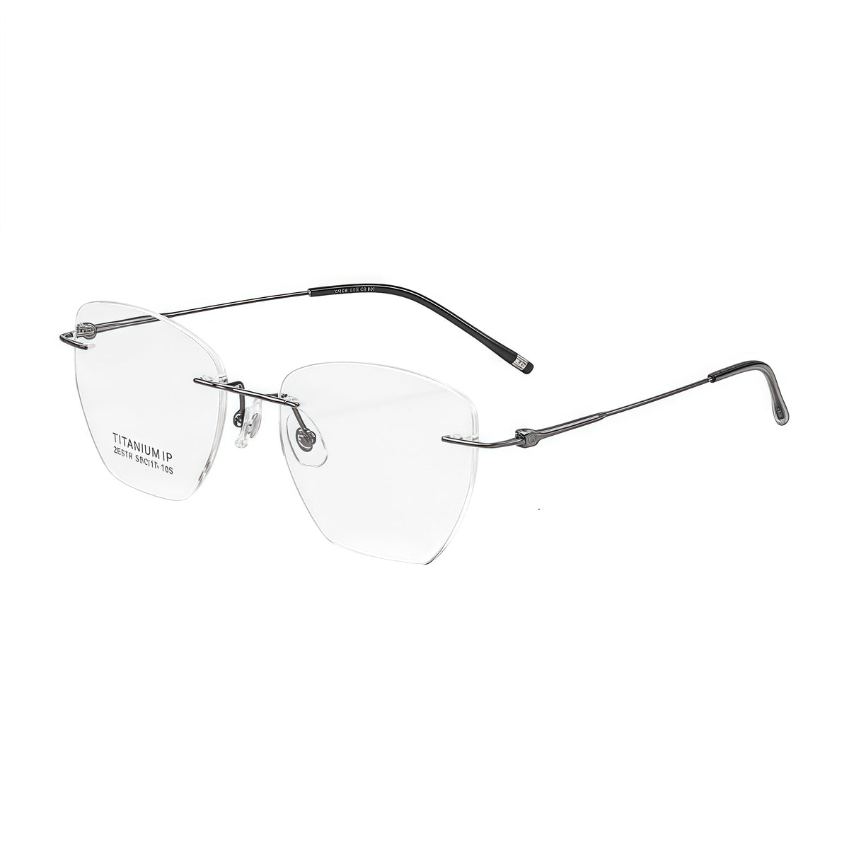 Gunmetal unisex pure titanium geometric rimless eyeglasses, 45-degree view