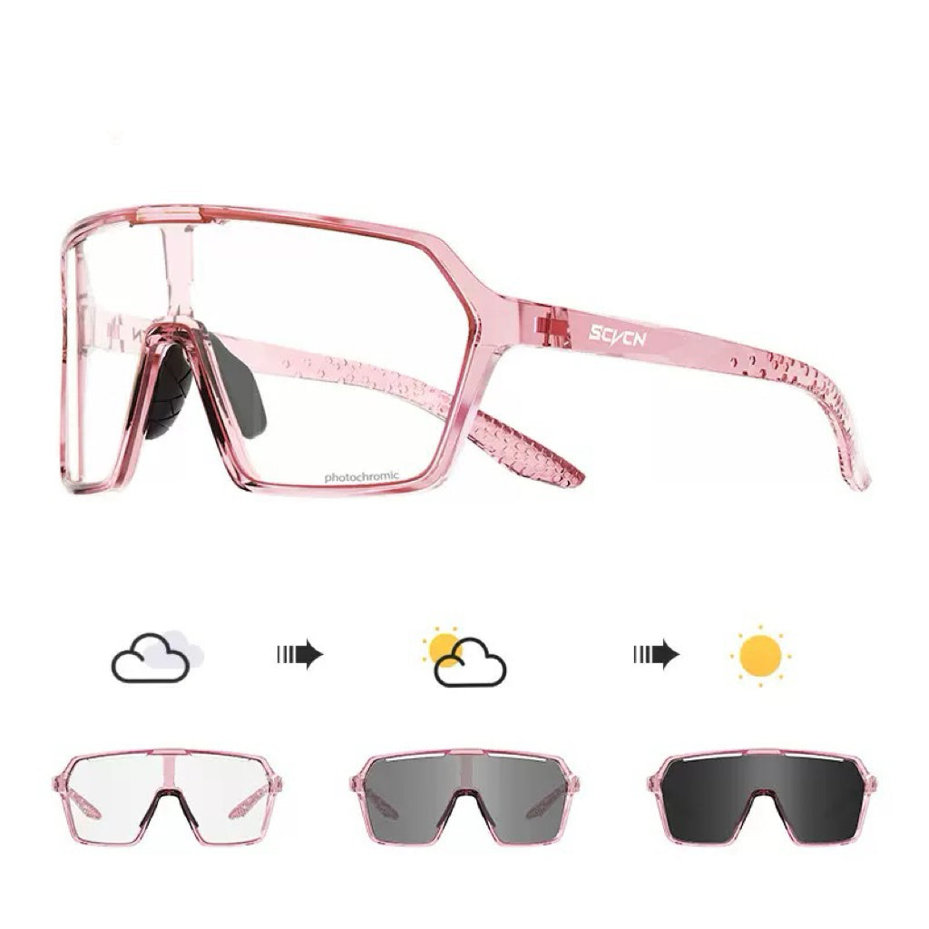 Crystal Pink Frame/Photochromic Grey Lens unisex tr90 rectangular shield sunglasses, 45-degree view