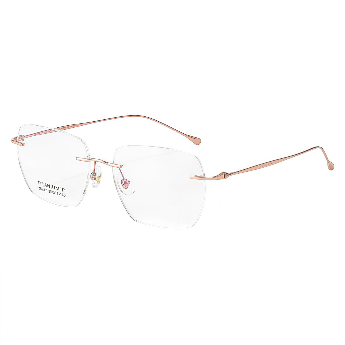 Rose Gold unisex titanium rimless soft-square eyeglass frames, product view