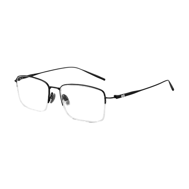 Black refined vintage rectangular profile semi-rimless eyeglass frame, three-quarter product view