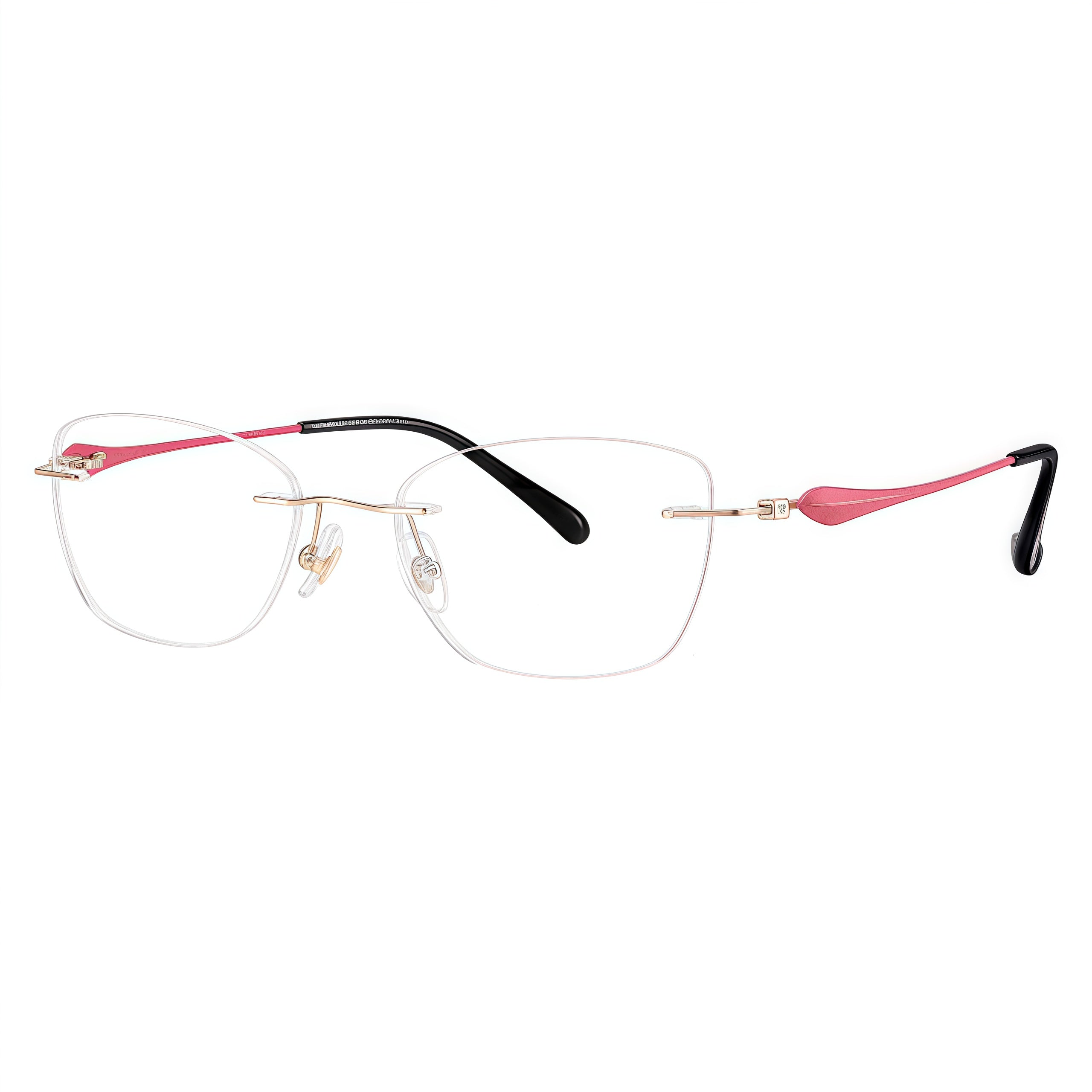 Red/Rose Gold rimless soft butterfly pure titanium eyeglass frames, supplier front and angle reference