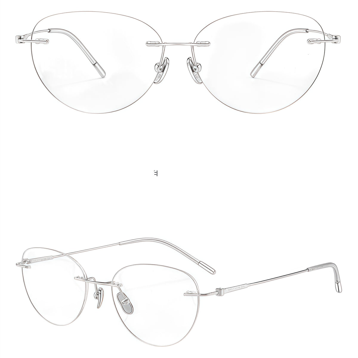 Silver unisex pure titanium rimless oval eyeglass frames, product view