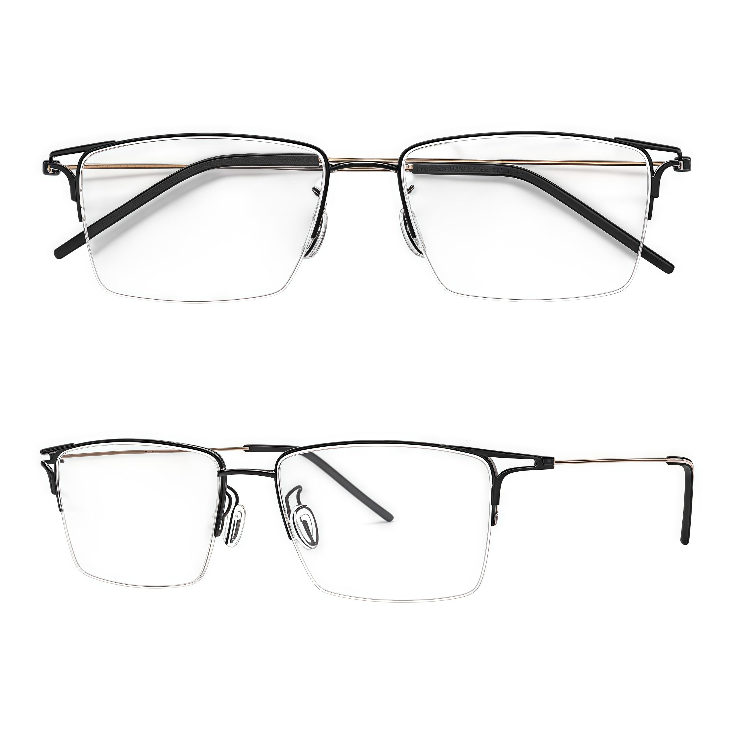 Black/Gold unisex titanium semi-rimless glasses, original combined front and 45-degree product views