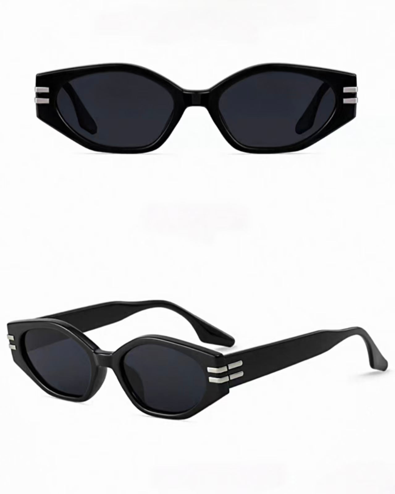Black women's polycarbonate small cat-eye sunglasses, product views