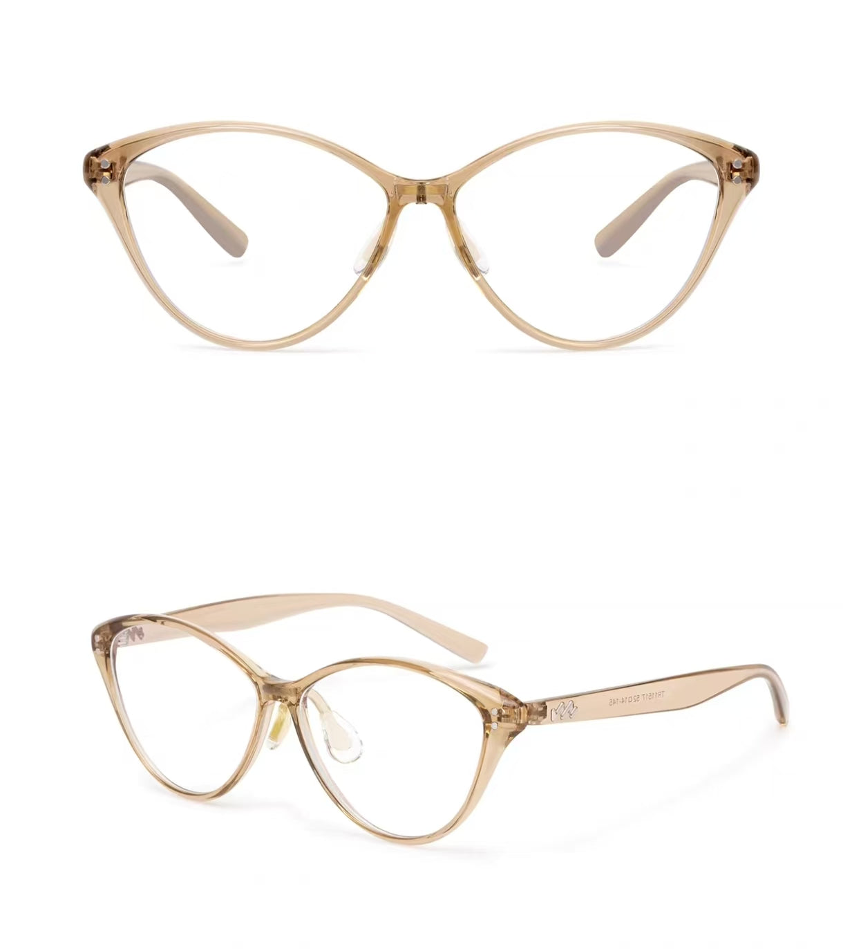 Champagne Gold oversized cat-eye full-rim eyeglass frame, front and three-quarter product views