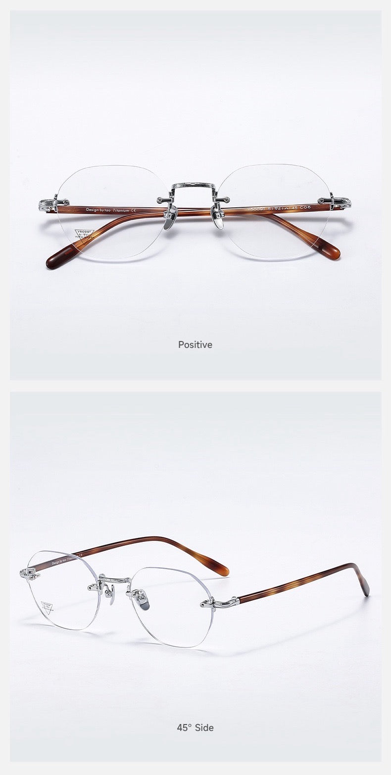 Silver/Tortoise women's pure titanium and acetate soft-square rimless eyeglass frames, product views