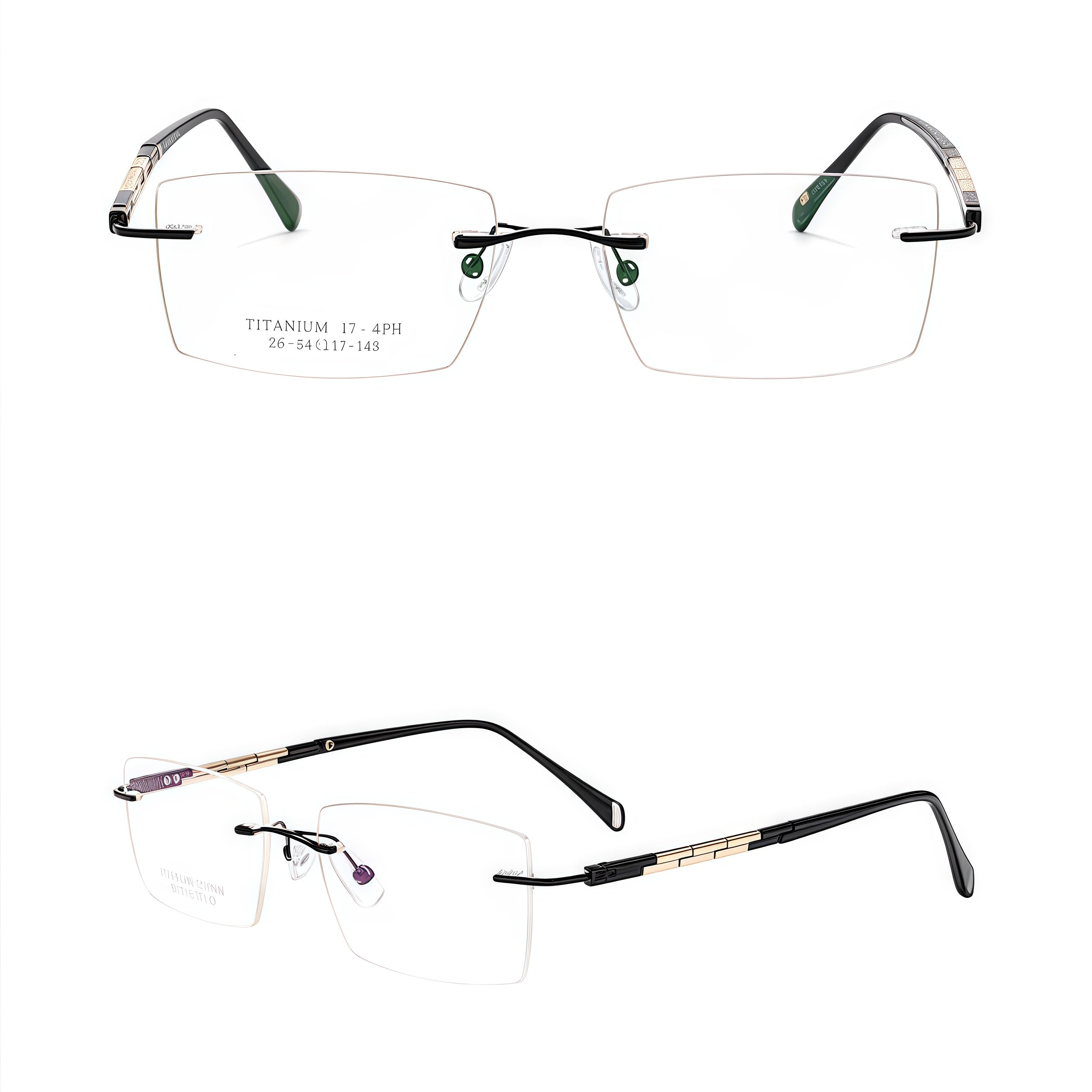 Black and Gold unisex alloy rimless rectangular segmented-temple glasses, front and 45-degree composite