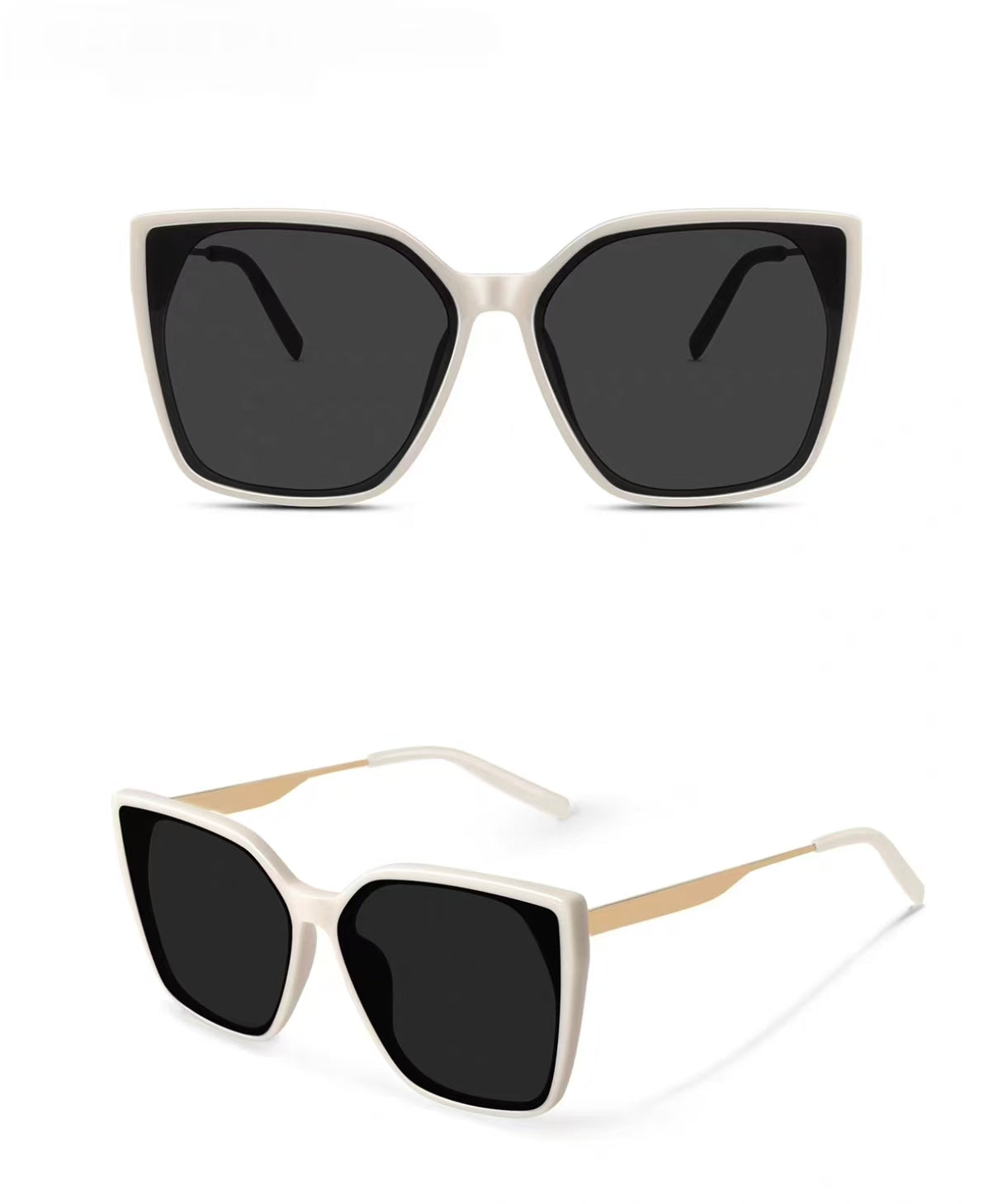 White full-rim oversized square tr90 sunglasses, front and three-quarter views