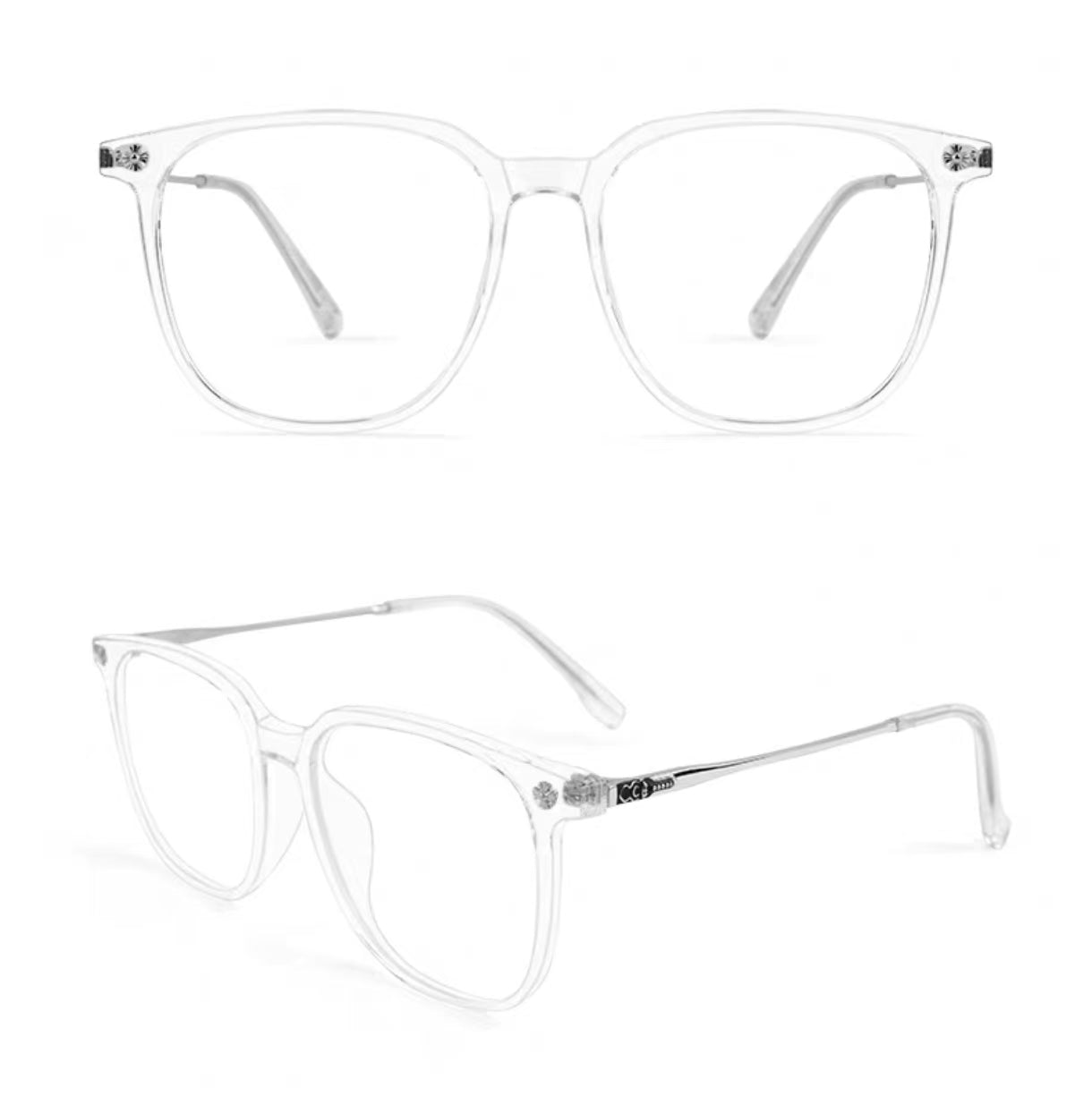 Silver Crystal oversized square full-rim eyeglass frame, front and three-quarter product views