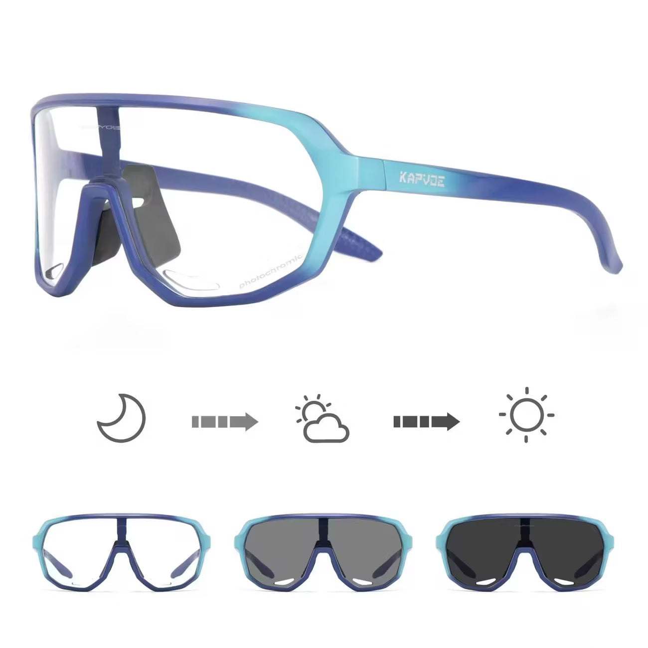 Gradient Blue Frame/Photochromic Grey Lens unisex tr90 wraparound rectangle sunglasses, detail-01 view