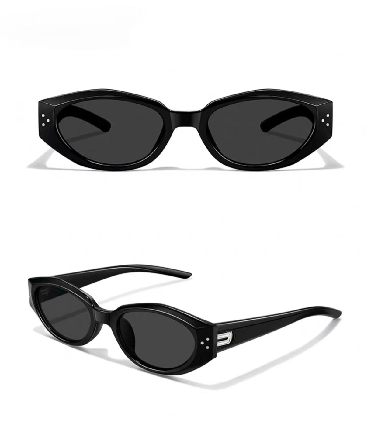 Women’s Black full-rim small cat-eye sunglasses, front and three-quarter views