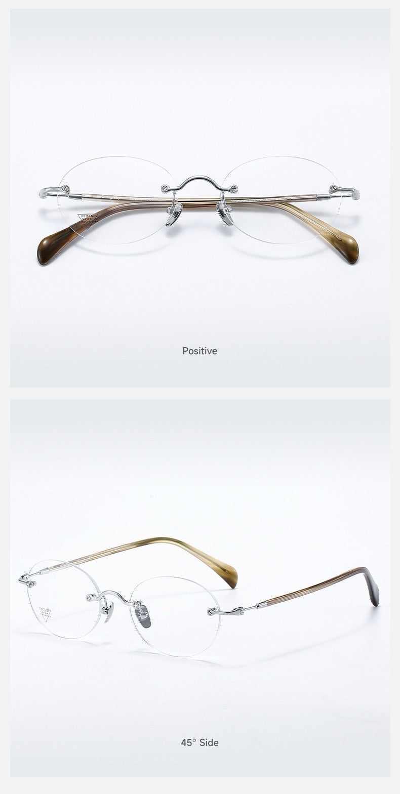 Silver/Green Brown front and 45-degree product views of Vintage Sophisticated Rimless Eyeglasses