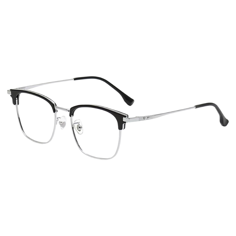 Black and Silver oversized square browline profile semi-rimless eyeglass frame, three-quarter product view