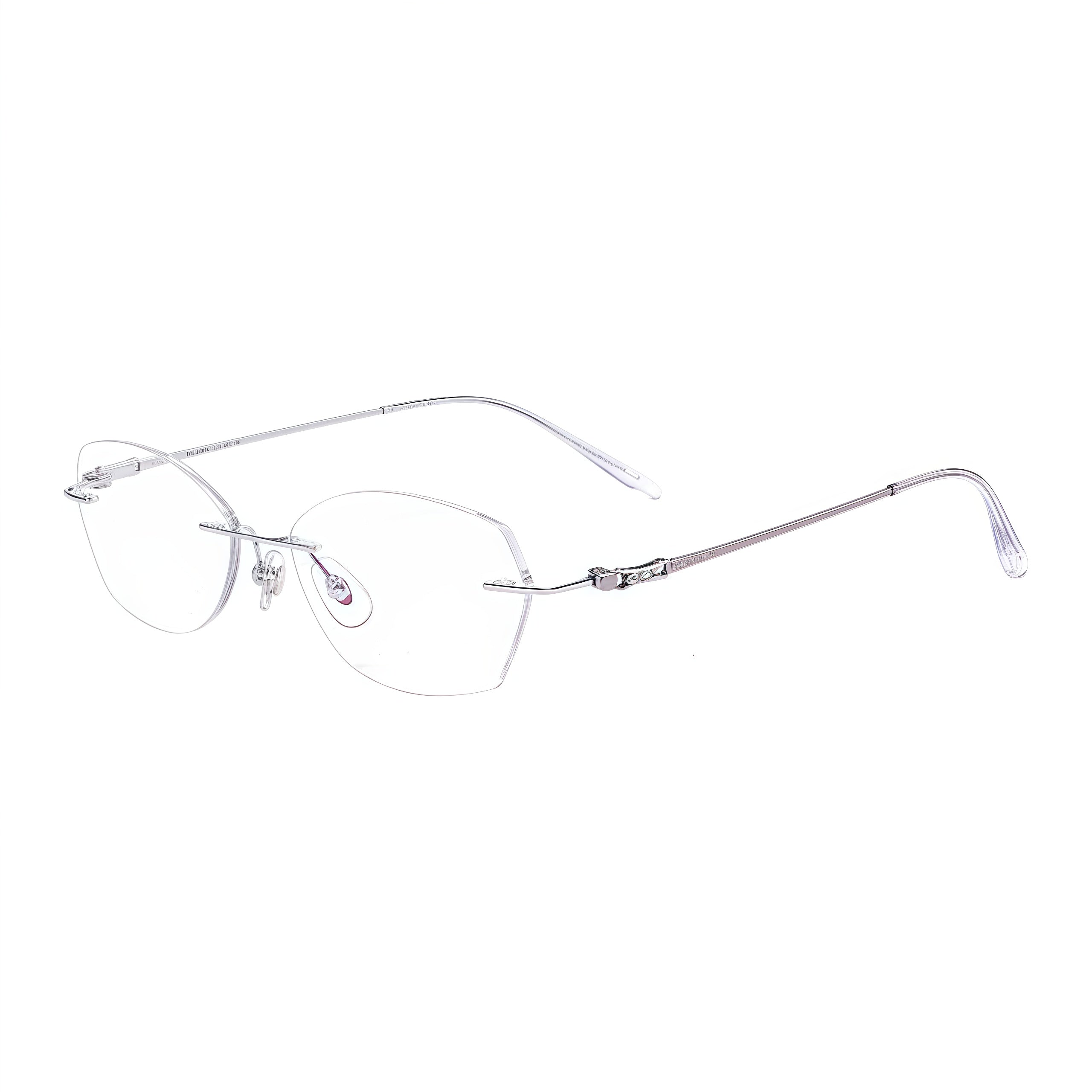 Silver women's titanium alloy rimless soft geometric glasses, supplier front and three-quarter views