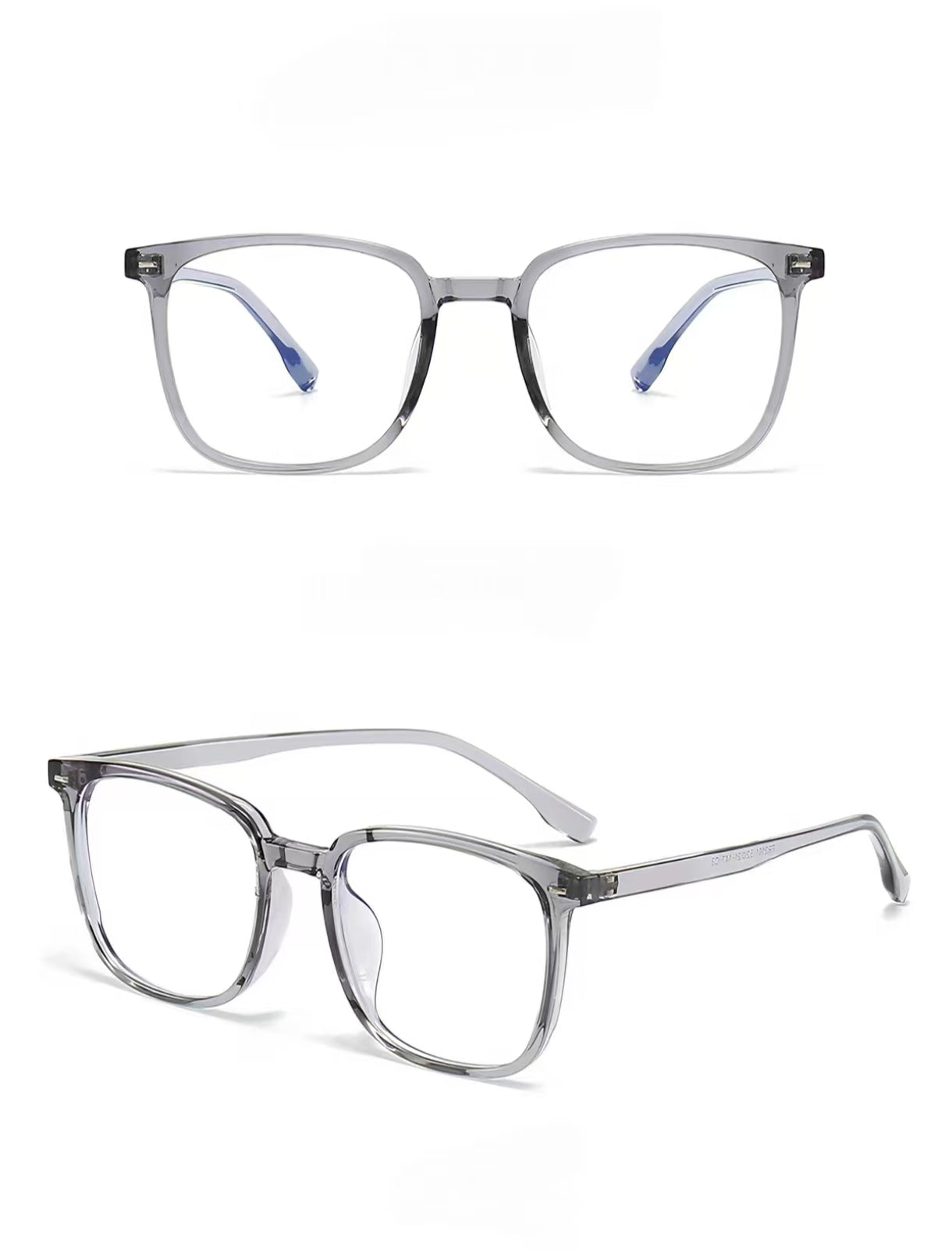 Crystal Gray TR90 ultra-light softly squared full-rim glasses, original front and 45-degree product detail