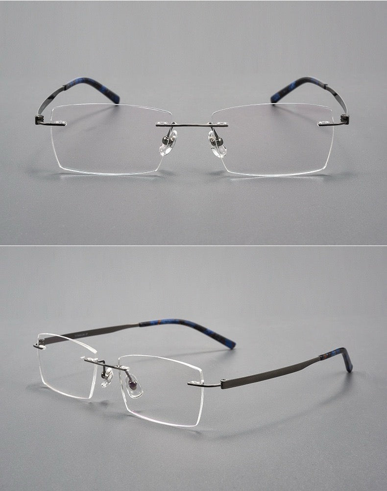 Gunmetal titanium and acetate rectangular rimless glasses, original front and 45-degree product detail