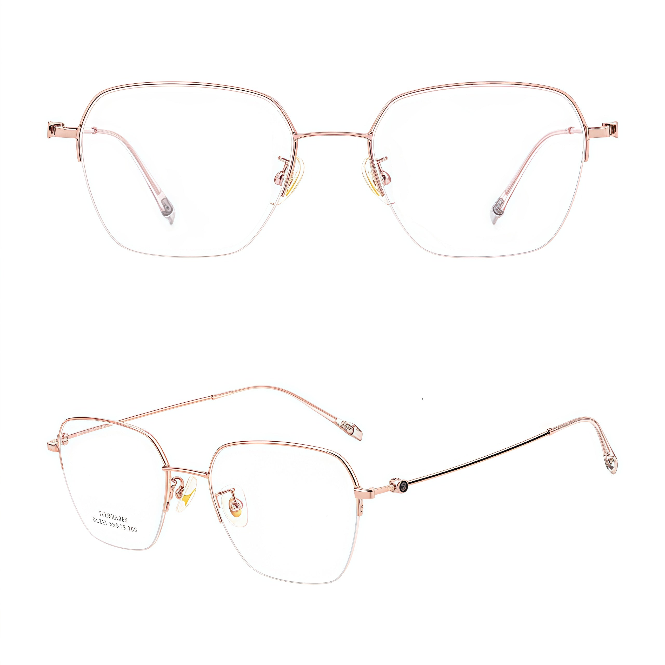 Rose Gold women's vintage titanium semi-rimless glasses, front and 45-degree composite detail