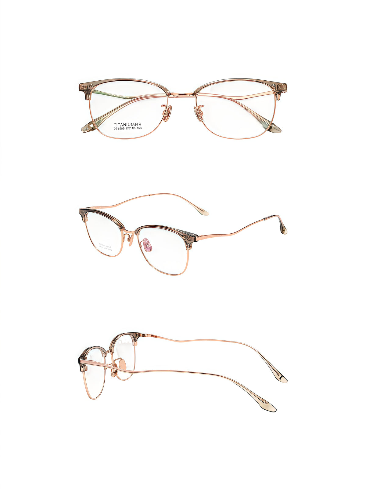 Green/Gold unisex vintage TR-and-titanium semi-rimless glasses, original front, 45-degree and side detail