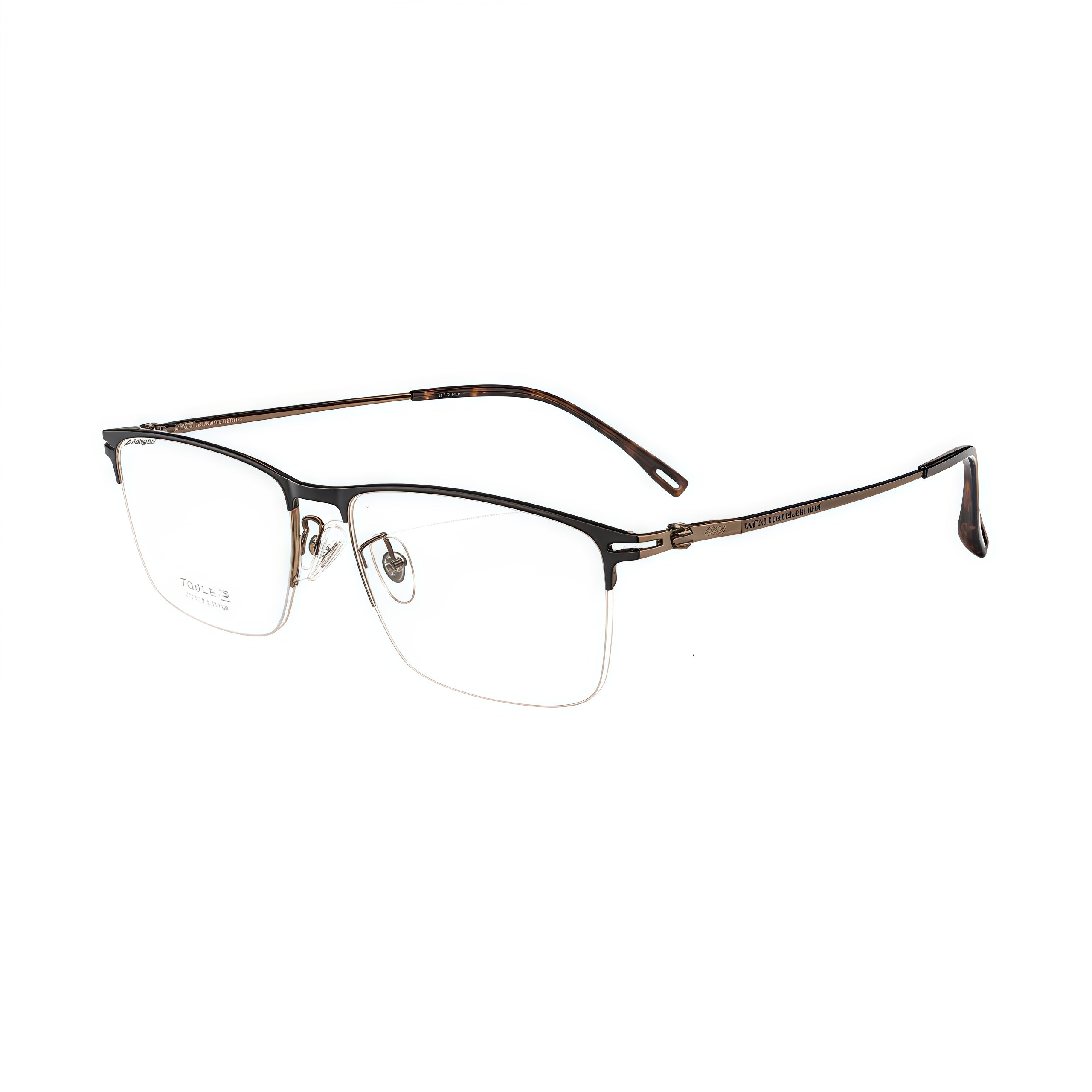 Black/Antique Bronze unisex titanium rectangular semi-rimless glasses, 45-degree product view