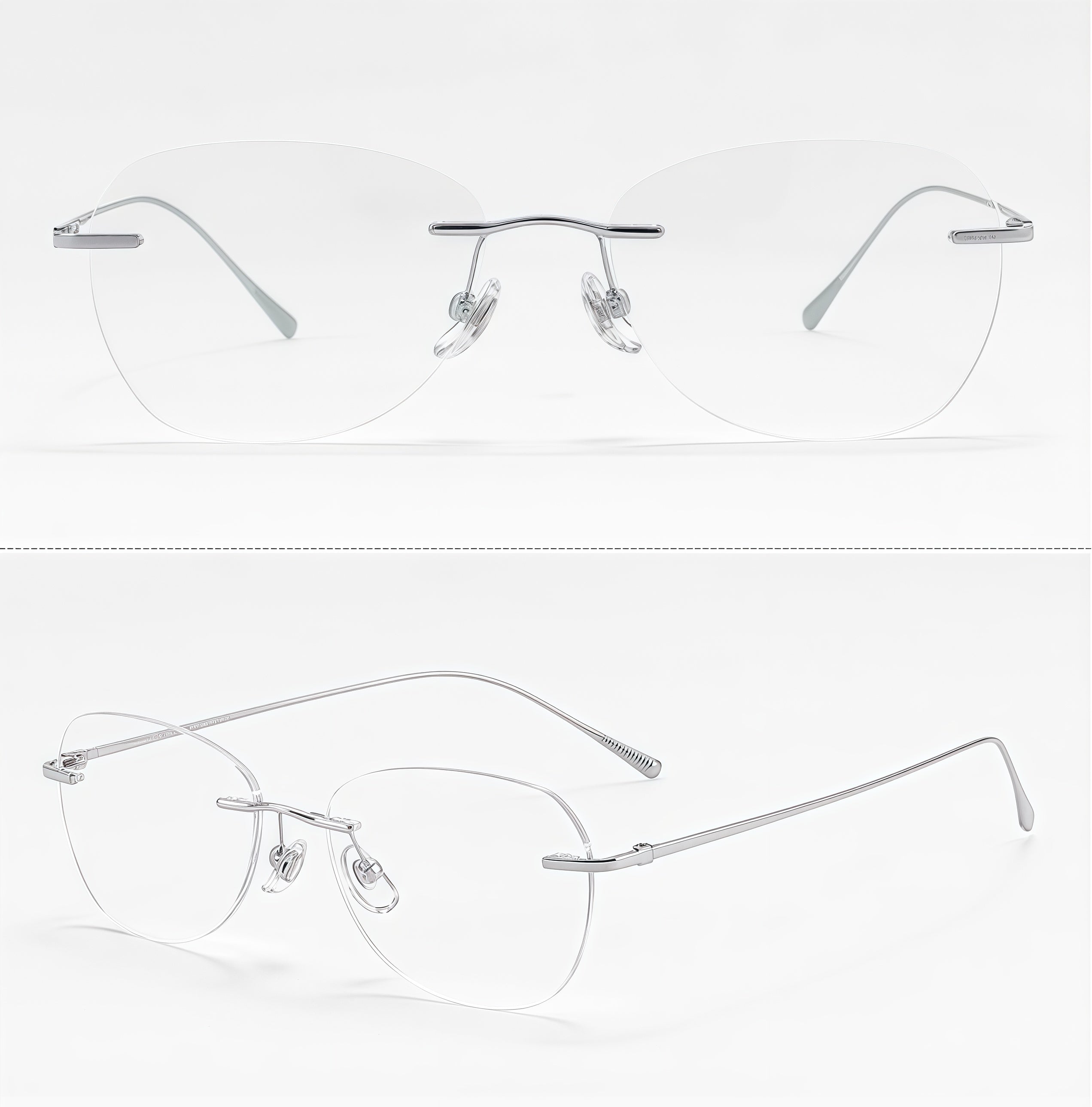 Silver unisex pure titanium rimless rectangular glasses in front and 45-degree product views