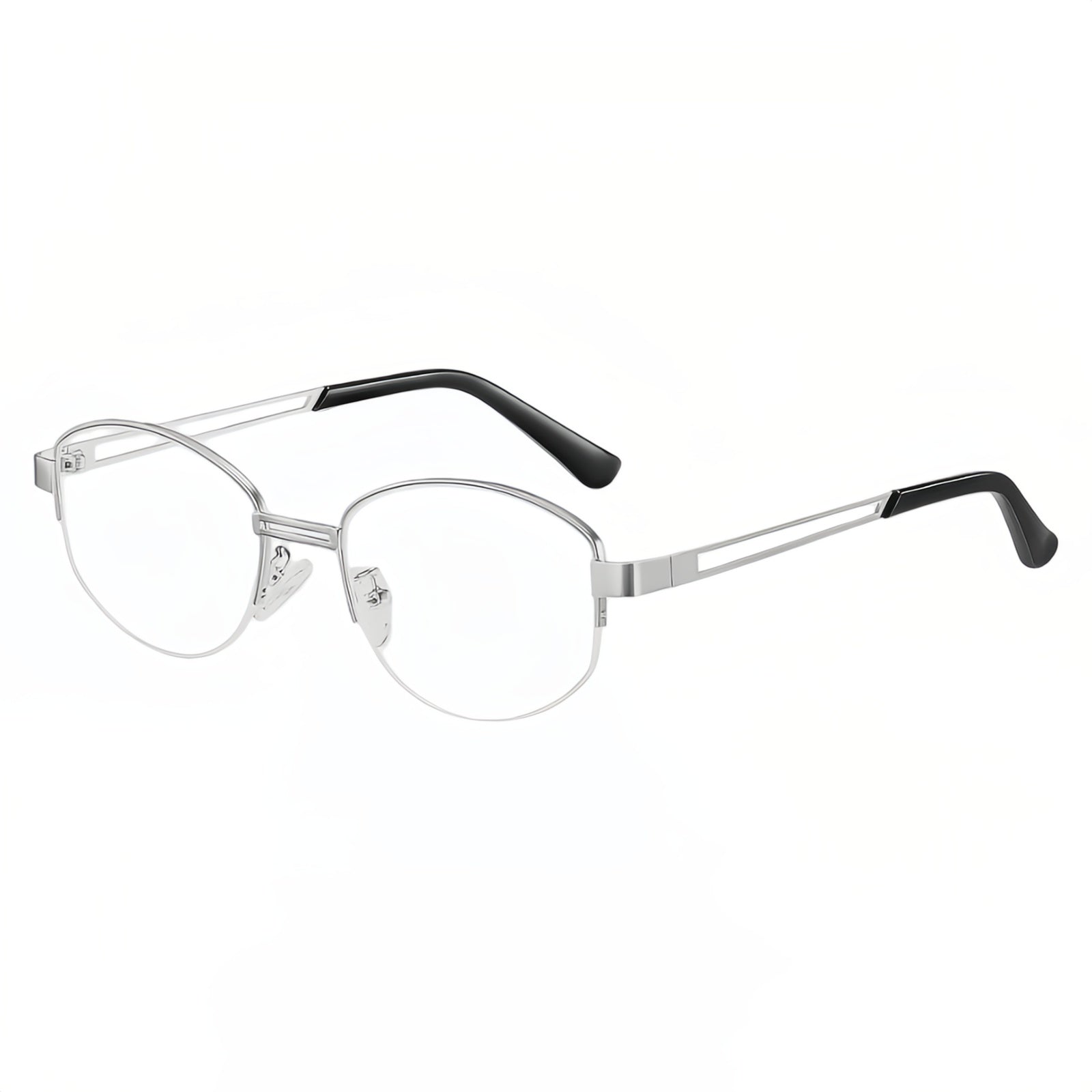 Silver oval semi-rimless eyeglass frame, 45-degree product view